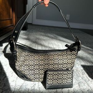 Vintage Coach Set Black Shoulder Hobo Bag Signature Canvas Leather